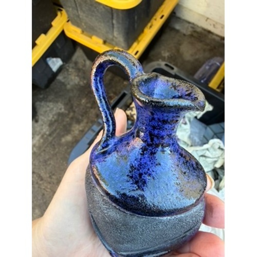 Studio Pottery Miniature Pitcher Blue Black Glaze Good Artisan Brutalist Decor